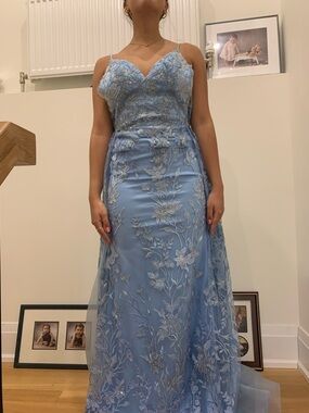 Morrell Maxie Sky Blue Embroidered Lace Prom Gown